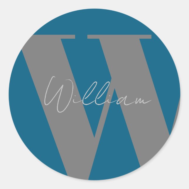 Autocollant Monogramme nom bleu gris élégant (Devant)