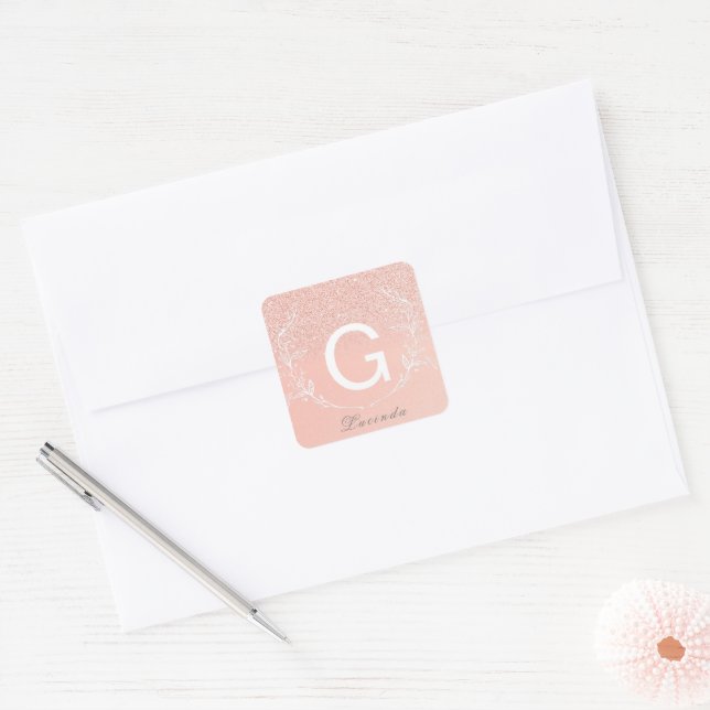 Autocollant Monogramme Pailleté Or Rose Élégant (Enveloppe)