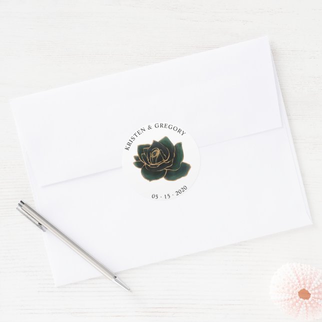 Autocollant Monogramme Roses Vert et Or Aquarelle (Enveloppe)