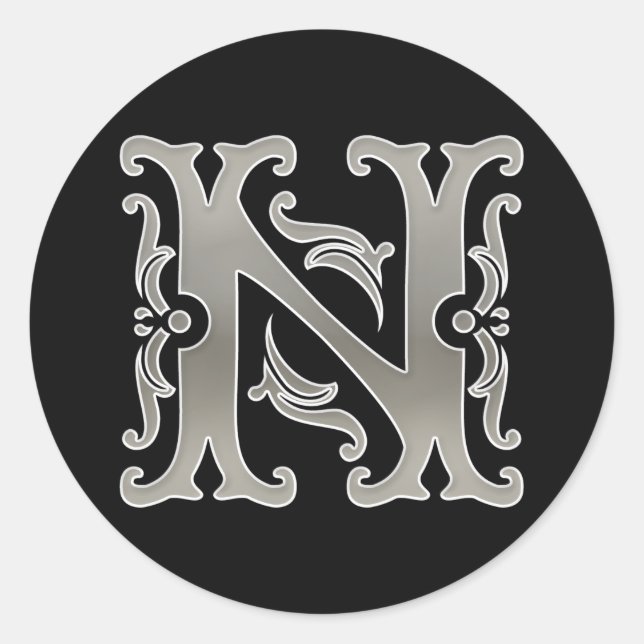Autocollant N rond initial en argent (Devant)
