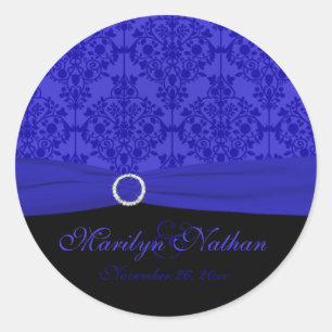 Autocollant noir et bleu cobalt Damask 1,5" rond