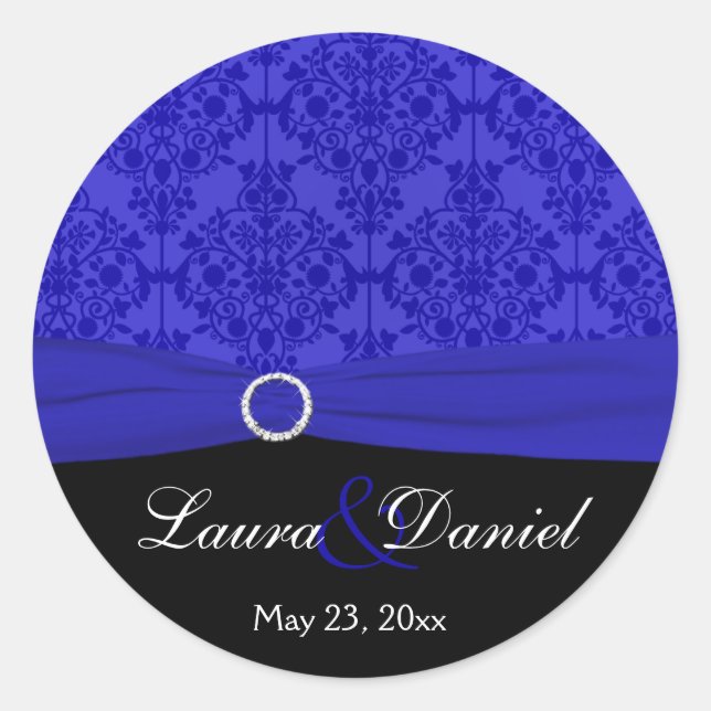 Autocollant noir et bleu cobalt Damask 1,5" rond (Devant)