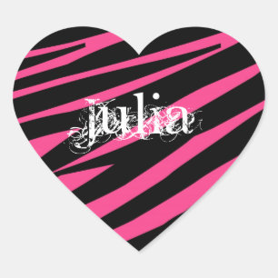 Autocollant nommé rose et noir de zèbre de coeur