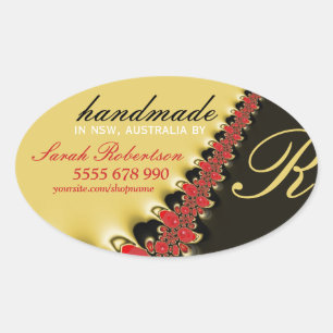 Autocollant ovale en satin doré et dentelle rouge