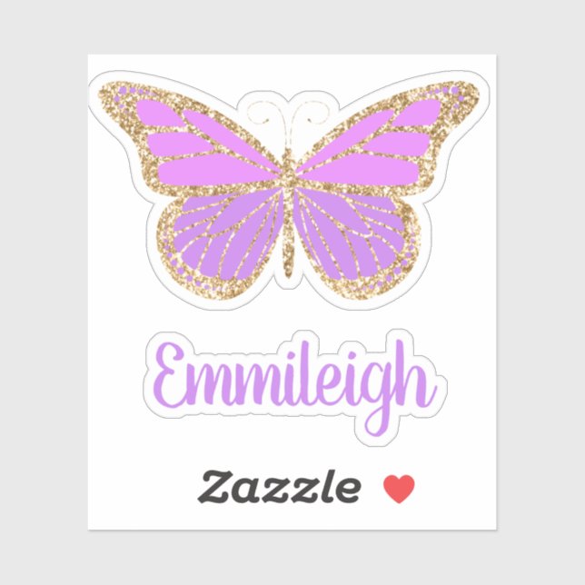 Autocollant papillon doré pailleté violet avec nom (Feuille)
