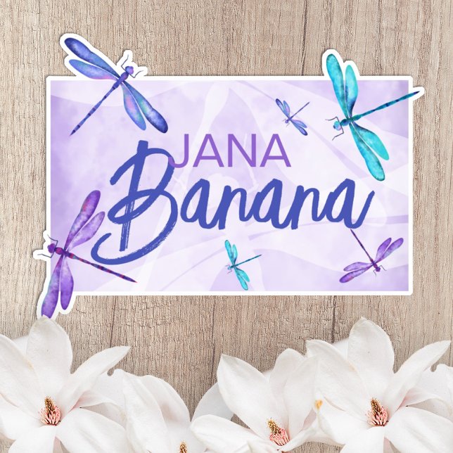 Autocollant personnalisé aux libellules bleues vio (purple, blue, turquoise dragonflies kiss cut sticker with name, cute personalized purple sticker)