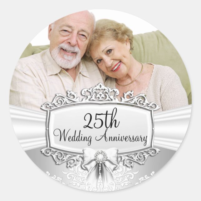 Autocollant Photo Damassé Argent 25e Anniversaire (Devant)