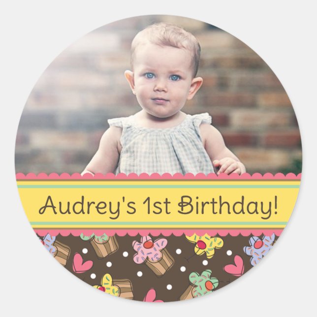Autocollant photo d'anniversaire de fille Cupcakes (Devant)