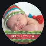 Autocollant photo personnalisé Christmas Peace Lov<br><div class="desc">Beau Sticker photo Peace Love Christmas Holiday Joy décoré de verdures et d'un ruban rouge avec dentelle blanche.</div>