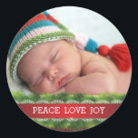 Autocollant photo personnalisé Christmas Peace Lov<br><div class="desc">Beau Sticker photo Peace Love Christmas Holiday Joy décoré de verdures et d'un ruban rouge avec dentelle blanche.</div>