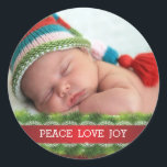 Autocollant photo personnalisé Christmas Peace Lov<br><div class="desc">Beau Sticker photo Peace Love Christmas Holiday Joy décoré de verdures et d'un ruban rouge avec dentelle blanche.</div>
