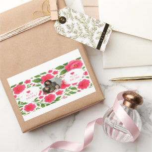 Autocollant photo personnalisé rouge floral - Je t