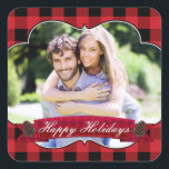 Autocollant photo Red Plaid & Pinecones Rustic Hol<br><div class="desc">Sticker photo Red Plaid & Pinecones Rustic Holiday. Customisez avec n'importe quel texte et photo.</div>