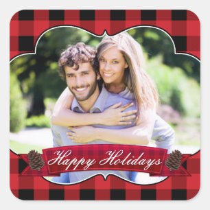 Autocollant photo Red Plaid & Pinecones Rustic Hol