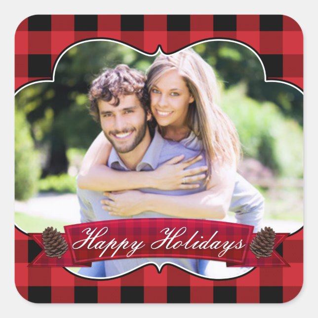 Autocollant photo Red Plaid & Pinecones Rustic Hol (Devant)