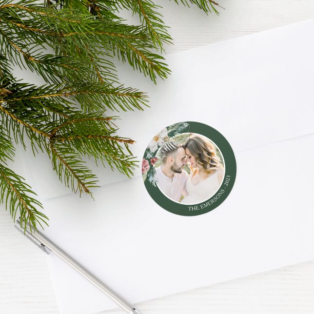 Autocollant photographique botanique Noël vert (Green Holiday Envelope Seal Merry Christmas Watercolor Floral Botanical Berries with Photo)