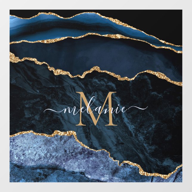 Autocollant Pour Fenêtre Agate Marine Blue Gold Gemstone Marble Nom du mono (Feuille)