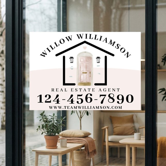 Autocollant Pour Fenêtre Agent immobilier Maison et porte d'aquarelle rose (Real Estate Agent House & Pink Watercolor Door Window Cling)