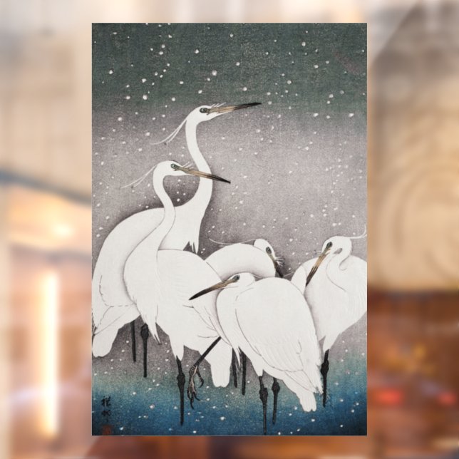 Autocollant Pour Fenêtre Aigrettes japonaises Grues Koson Neige d'hiver (Feuille 2)