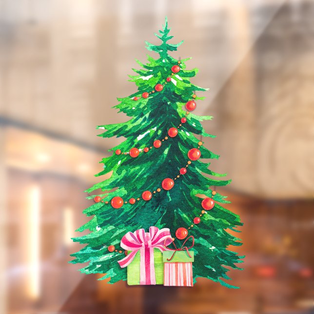 Autocollant Pour Fenêtre Aquarelle peinte Arbre de Noël présente (Feuille 2)