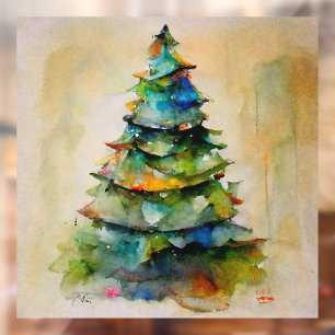 Autocollant Pour Fenêtre Arbre de Noël Aquarelle Pine Artistique Vacances