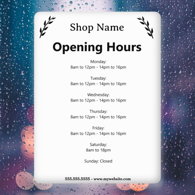 Autocollant Pour Fenêtre Autocollant de fenêtre d'horaires d'ouverture d'en (White Business Opening Hours Window Cling)