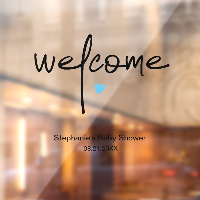 Autocollant Pour Fenêtre Baby shower Affiche de bienvenue bleu petit coeur (Feuille 2)