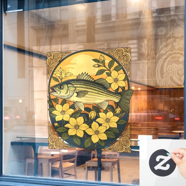Autocollant Pour Fenêtre Basse Basse Écarté Poisson Rocheuse Et Fleurs Jaun (Fenêtre de café)