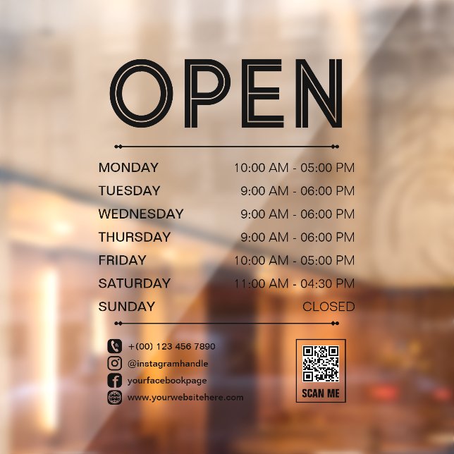 Autocollant Pour Fenêtre Black Clean Heures d'ouverture pratique Qr Code (Feuille 2)