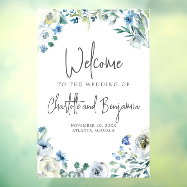Autocollant Pour Fenêtre Blue Spring Floral Chic Bienvenue à notre Mariage (Feuille 3)