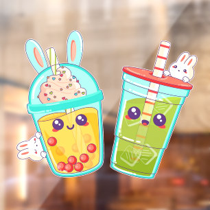 Autocollant Pour Fenêtre Boutique de beignets bulle et thé matcha lapin car