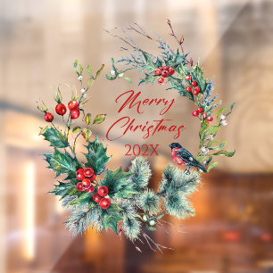 Autocollant Pour Fenêtre Bullfinch Wreath Berries de Noël, texte