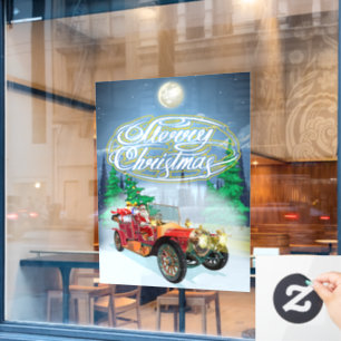 Autocollant Pour Fenêtre Carte de Noël avec voiture vintage et Père Noël