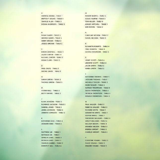 Autocollant Pour Fenêtre Carte de siège alphabétique transparente Noms seul (Feuille 3)