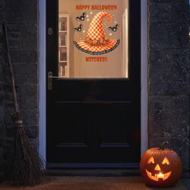 Autocollant Pour Fenêtre Chapeau de sorcière Halloween en vichy orange et c (Créateur téléchargé)