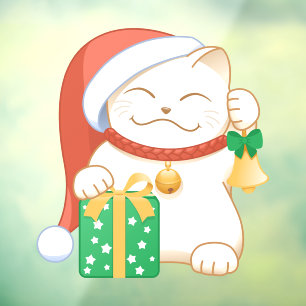 Autocollant Pour Fenêtre Chat de Noël blanc dans un Casquette rouge