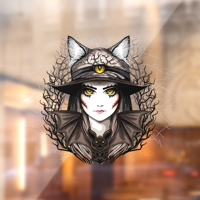Autocollant Pour Fenêtre Chat de sorcière Halloween Déplaisant Portrait mig (Feuille 2)