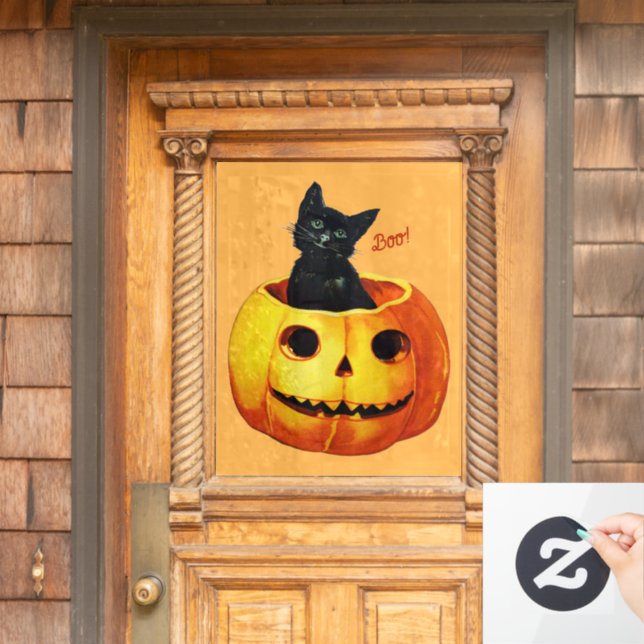 Autocollant Pour Fenêtre Chat d'Halloween en Citrouille (Porte d'accueil)