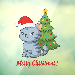Autocollant Pour Fenêtre Chat tabby gris grincheux chapeau rouge arbre de N