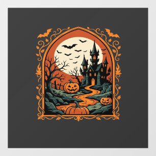 Autocollant Pour Fenêtre Château Hanté Halloween Citrouille Lune Vector Art
