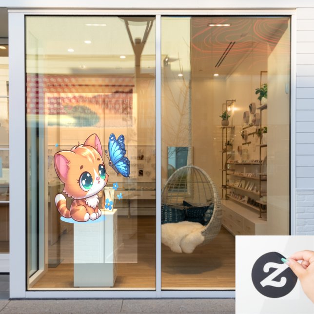 Autocollant Pour Fenêtre Chaton/chat mignon & papillon  (Vitrine du magasin)