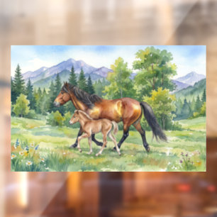 Autocollant Pour Fenêtre Cheval islandais bai et poulain dans une prairie d