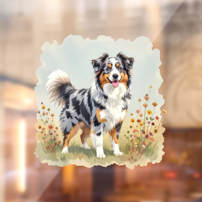 Autocollant Pour Fenêtre Chien Berger Australien Merle Queue Longue (Feuille 2)