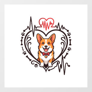 Autocollant Pour Fenêtre Chien Corgi Cœur Battement de cœur Ekg Nœud papill