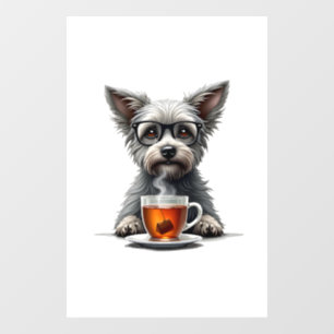 Autocollant Pour Fenêtre Chien Vintage tenant une tasse de thé avec des lun