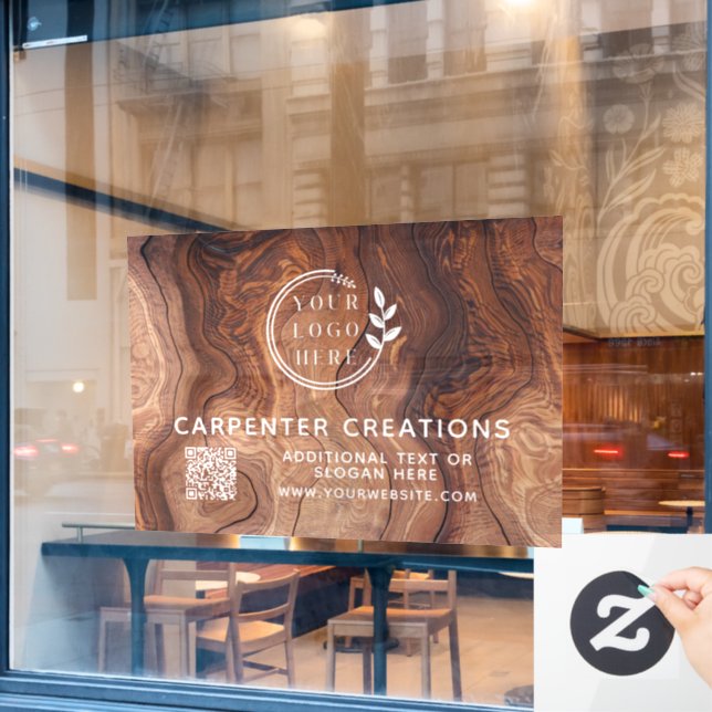 Autocollant Pour Fenêtre Code QR de logo de menuiserie en bois moderne élég (Fenêtre de café)