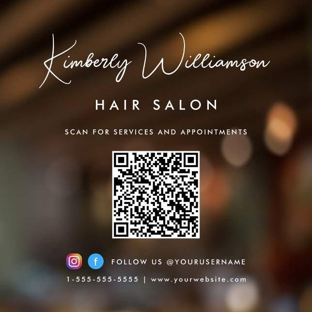 Autocollant Pour Fenêtre Code QR de signature de nom d'entreprise chic (Elevate your business with a signature script logo, QR code and social media window cling sign)