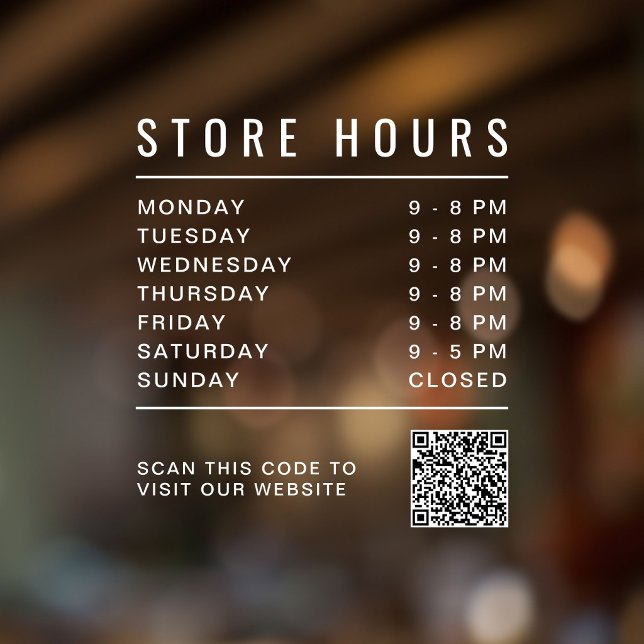 Autocollant Pour Fenêtre Code QR des heures d'ouverture (Store Hours QR Code Window Cling)
