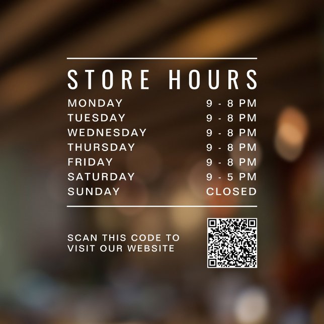 Autocollant Pour Fenêtre Code QR des heures d'ouverture (Store Hours QR Code Window Cling)