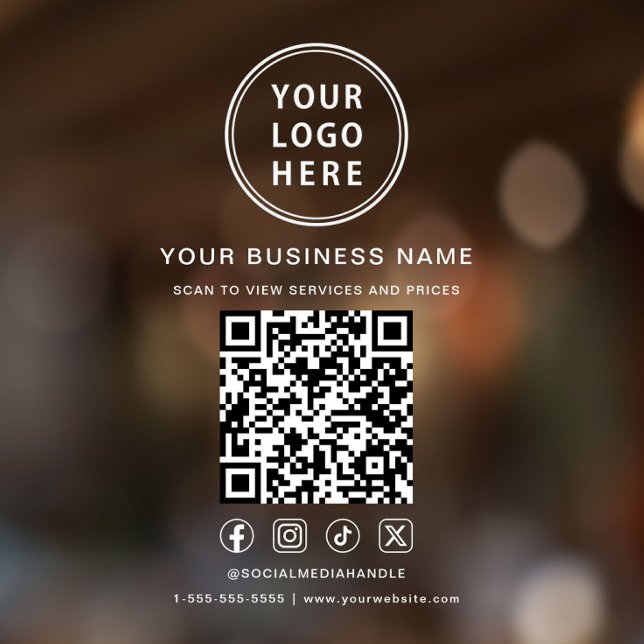 Autocollant Pour Fenêtre Code QR Logo Entreprise Réseaux Sociaux Lettre Bla (Business Logo QR Code Social Media White Lettering Window Cling)